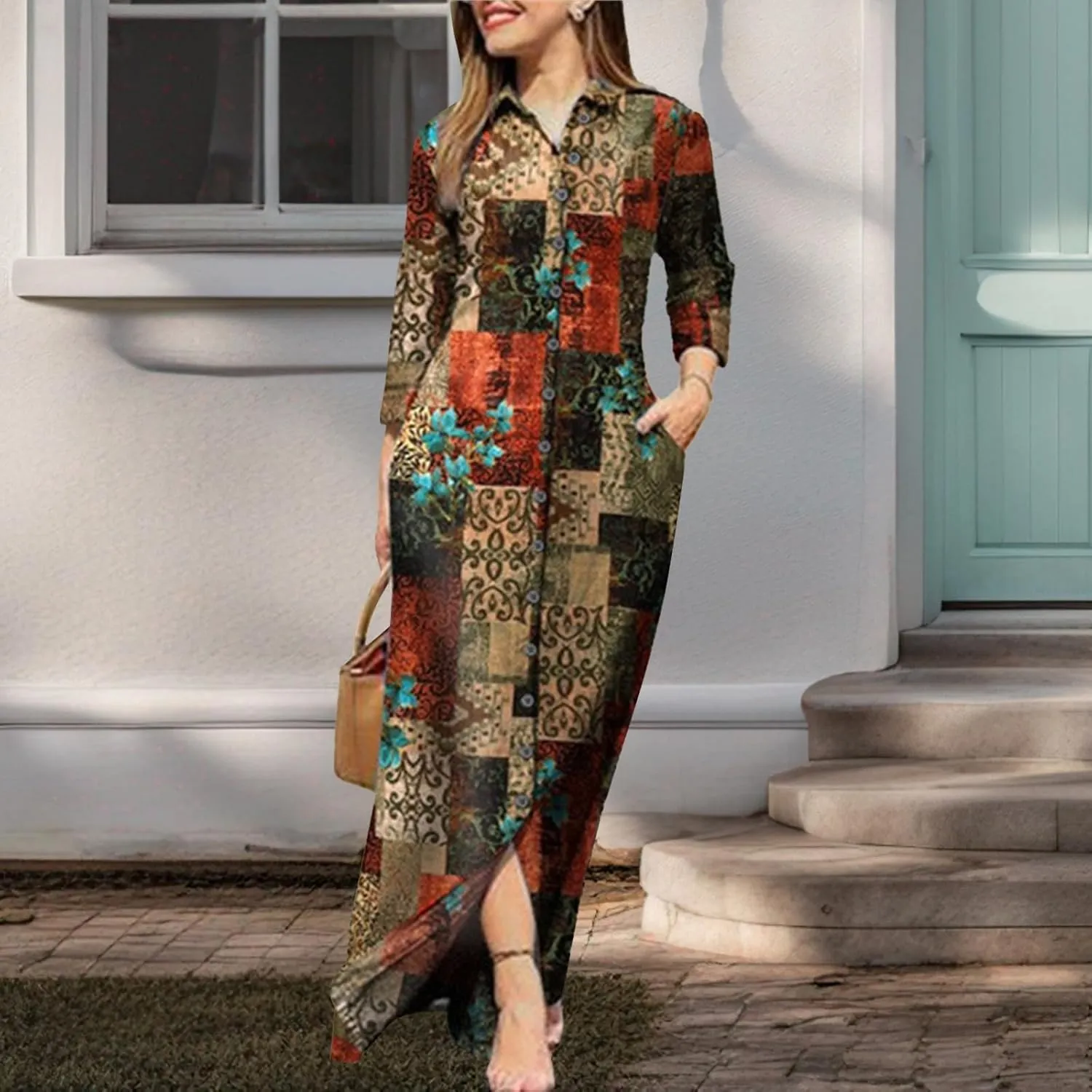 LOAIHA Womens Long Sleeve Button Down Shirt Dress Casual Solid Color Maxi Dresses Loose Fit Blouse Dress with Pockets