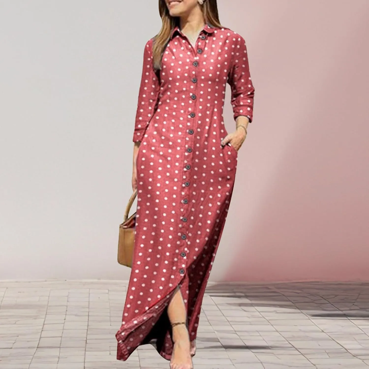 LOAIHA Womens Long Sleeve Button Down Shirt Dress Casual Solid Color Maxi Dresses Loose Fit Blouse Dress with Pockets