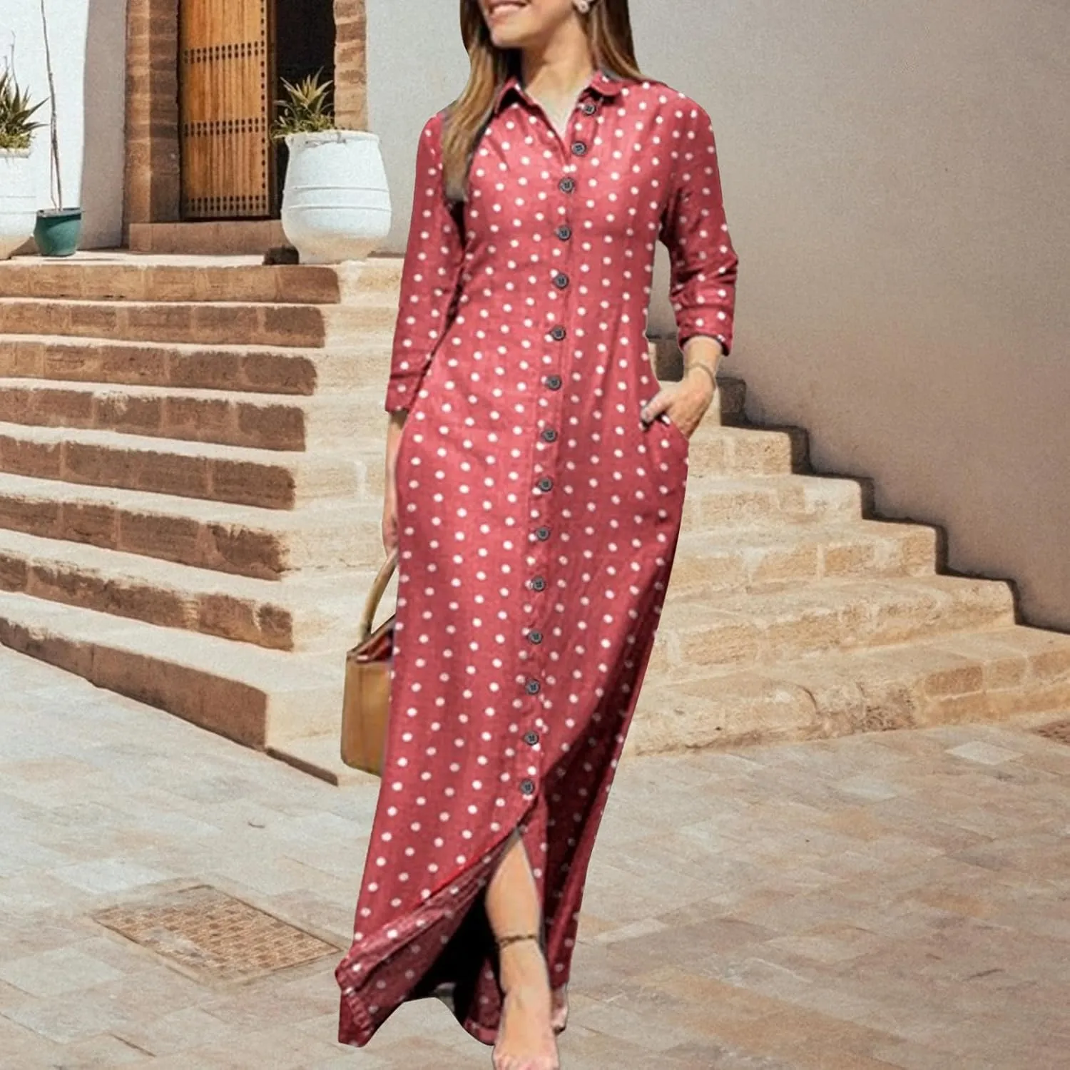 LOAIHA Womens Long Sleeve Button Down Shirt Dress Casual Solid Color Maxi Dresses Loose Fit Blouse Dress with Pockets