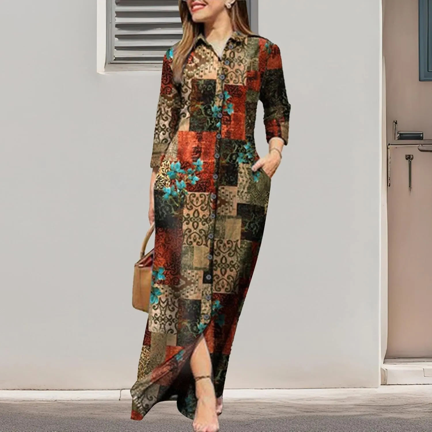 LOAIHA Womens Long Sleeve Button Down Shirt Dress Casual Solid Color Maxi Dresses Loose Fit Blouse Dress with Pockets