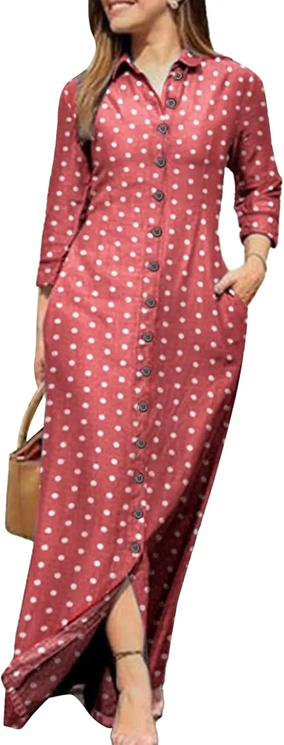 LOAIHA Womens Long Sleeve Button Down Shirt Dress Casual Solid Color Maxi Dresses Loose Fit Blouse Dress with Pockets