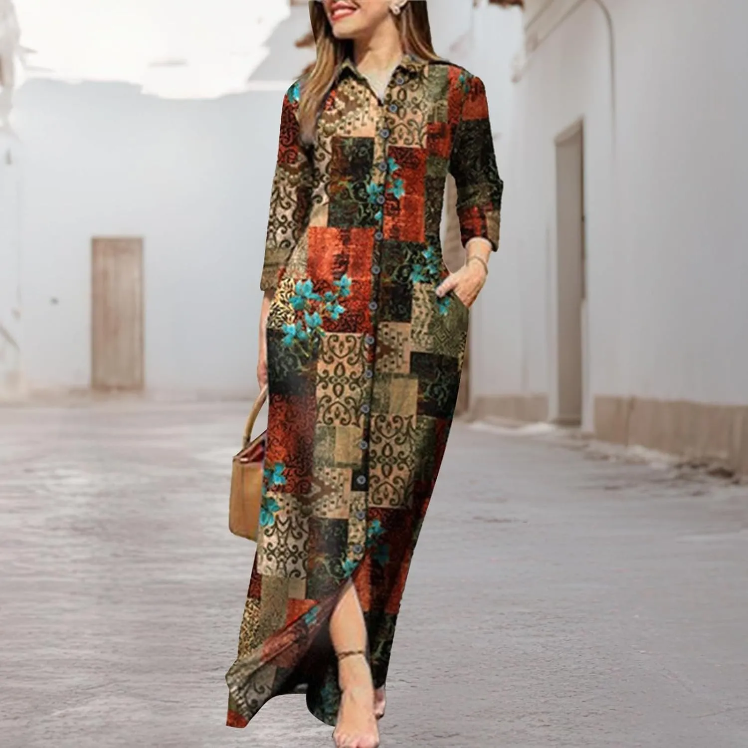 LOAIHA Womens Long Sleeve Button Down Shirt Dress Casual Solid Color Maxi Dresses Loose Fit Blouse Dress with Pockets