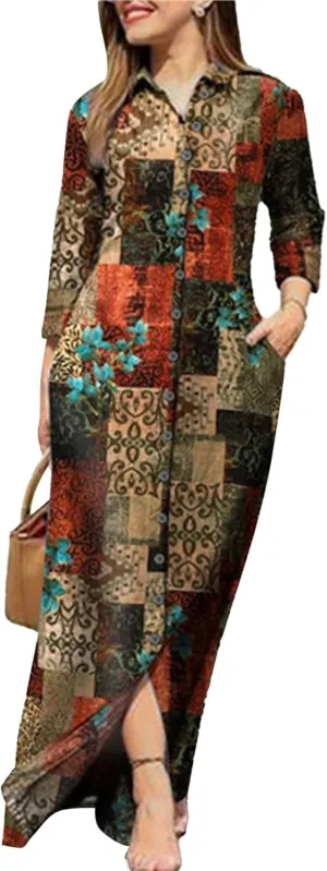 LOAIHA Womens Long Sleeve Button Down Shirt Dress Casual Solid Color Maxi Dresses Loose Fit Blouse Dress with Pockets