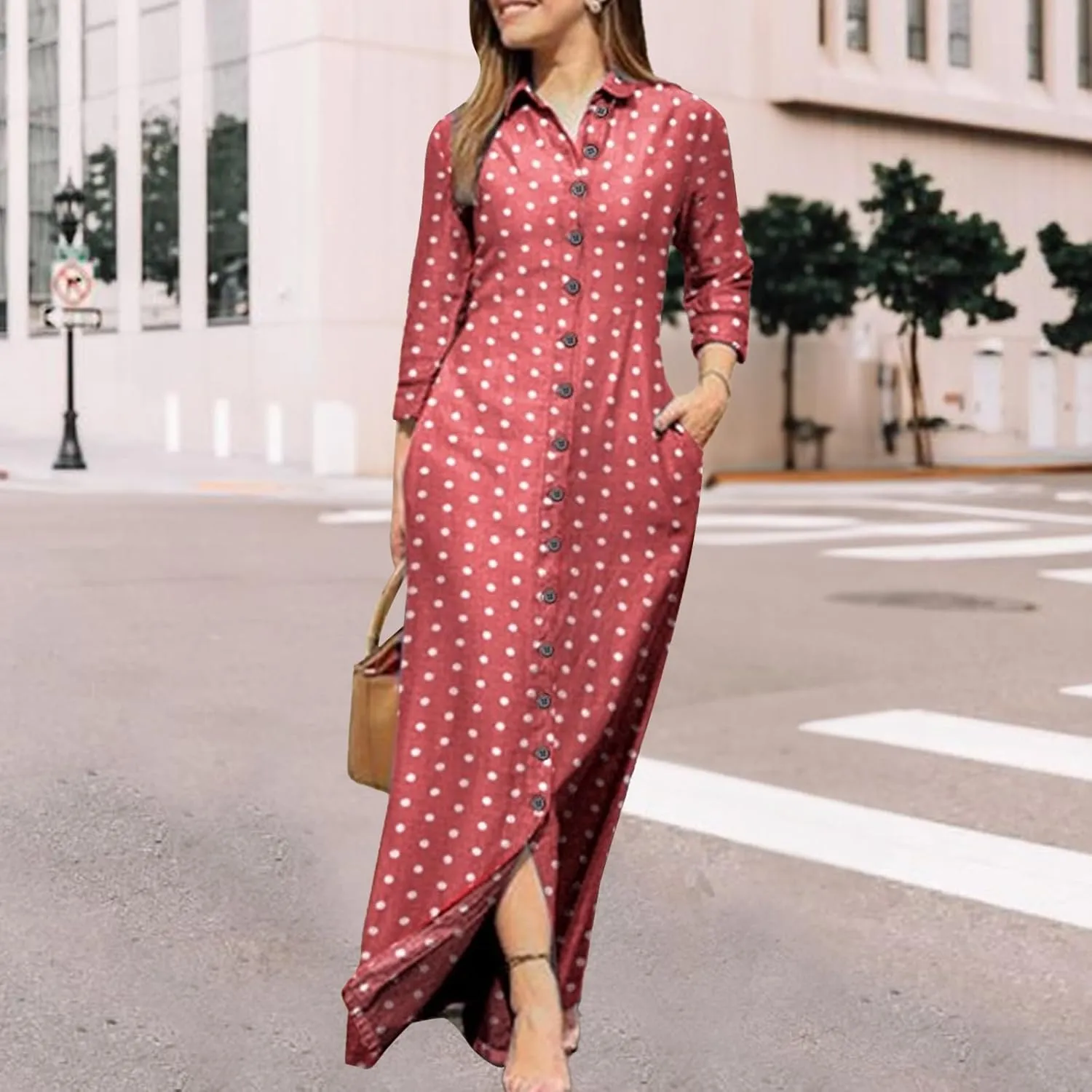 LOAIHA Womens Long Sleeve Button Down Shirt Dress Casual Solid Color Maxi Dresses Loose Fit Blouse Dress with Pockets
