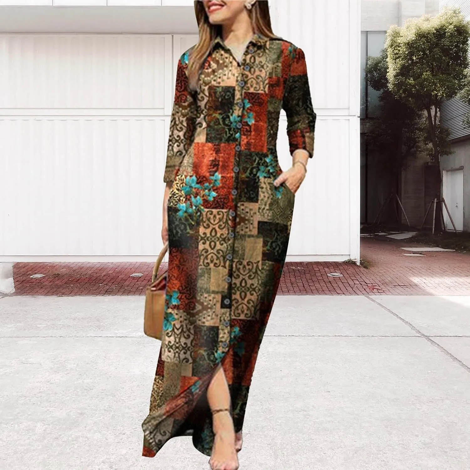 LOAIHA Womens Long Sleeve Button Down Shirt Dress Casual Solid Color Maxi Dresses Loose Fit Blouse Dress with Pockets