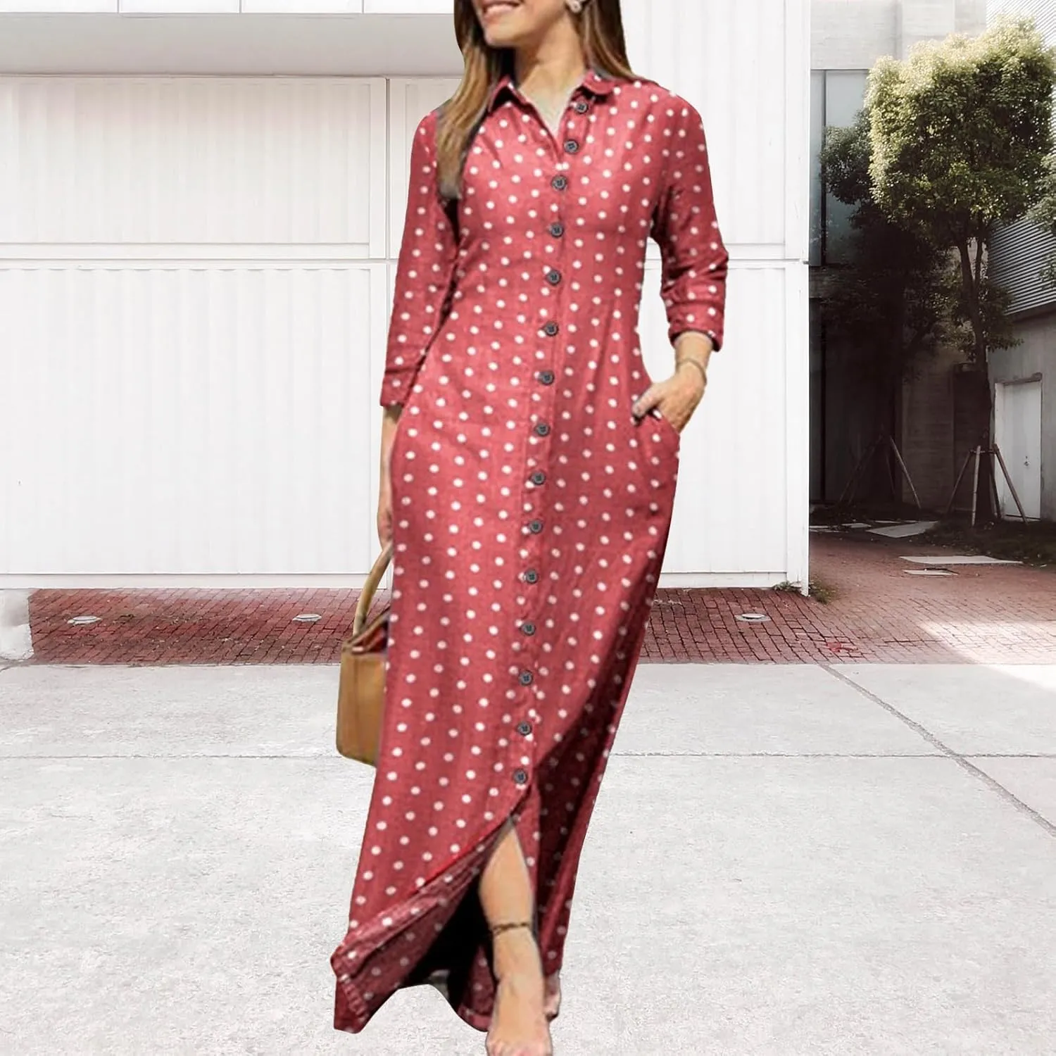 LOAIHA Womens Long Sleeve Button Down Shirt Dress Casual Solid Color Maxi Dresses Loose Fit Blouse Dress with Pockets