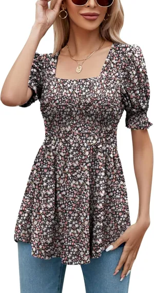 LOMON Women's Tunics Square Neck Puff Short Sleeve Smocked Top Ladies Peplum Blouse Tee Shirts 2025 Spring Summer S-XL
