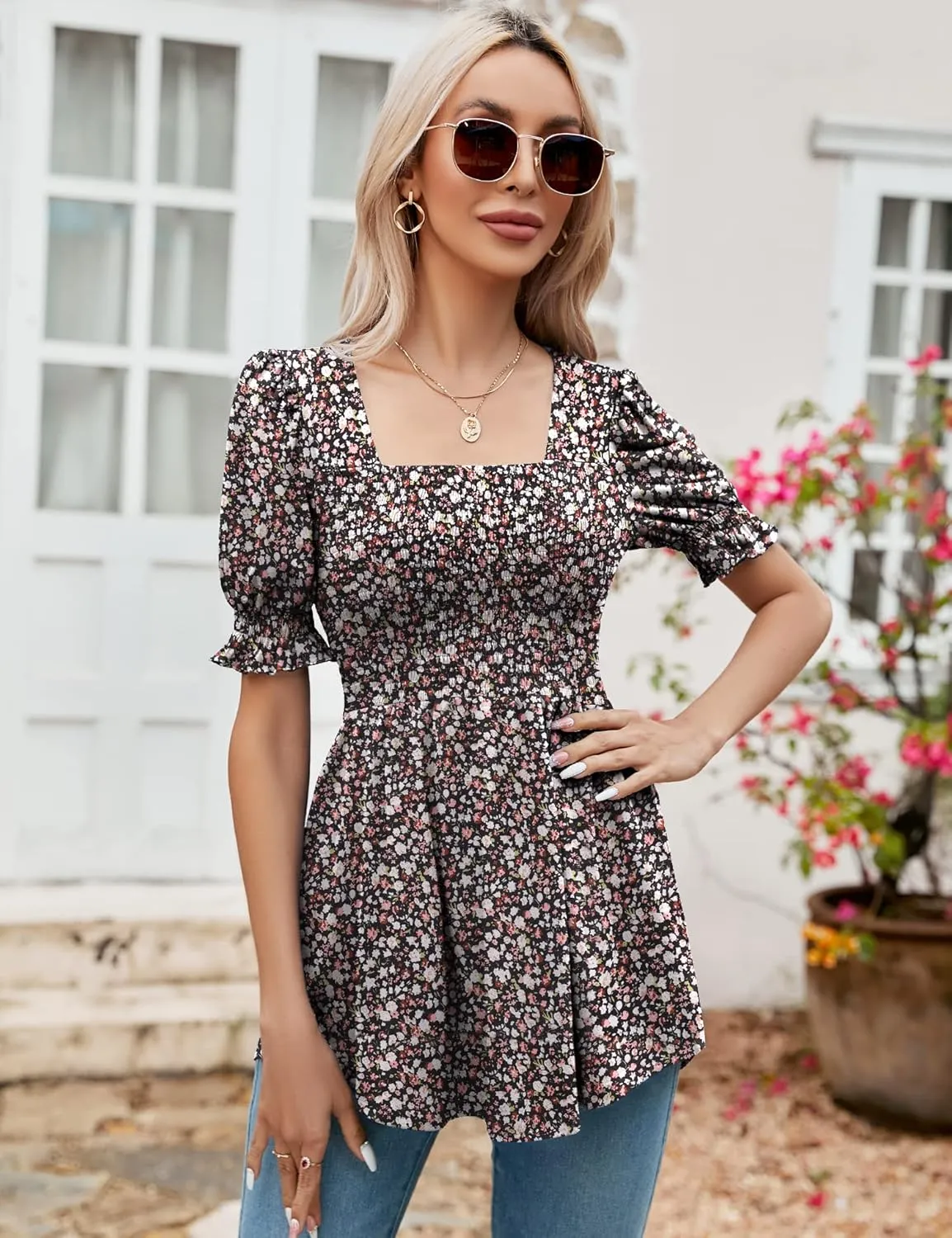 LOMON Women's Tunics Square Neck Puff Short Sleeve Smocked Top Ladies Peplum Blouse Tee Shirts 2025 Spring Summer S-XL