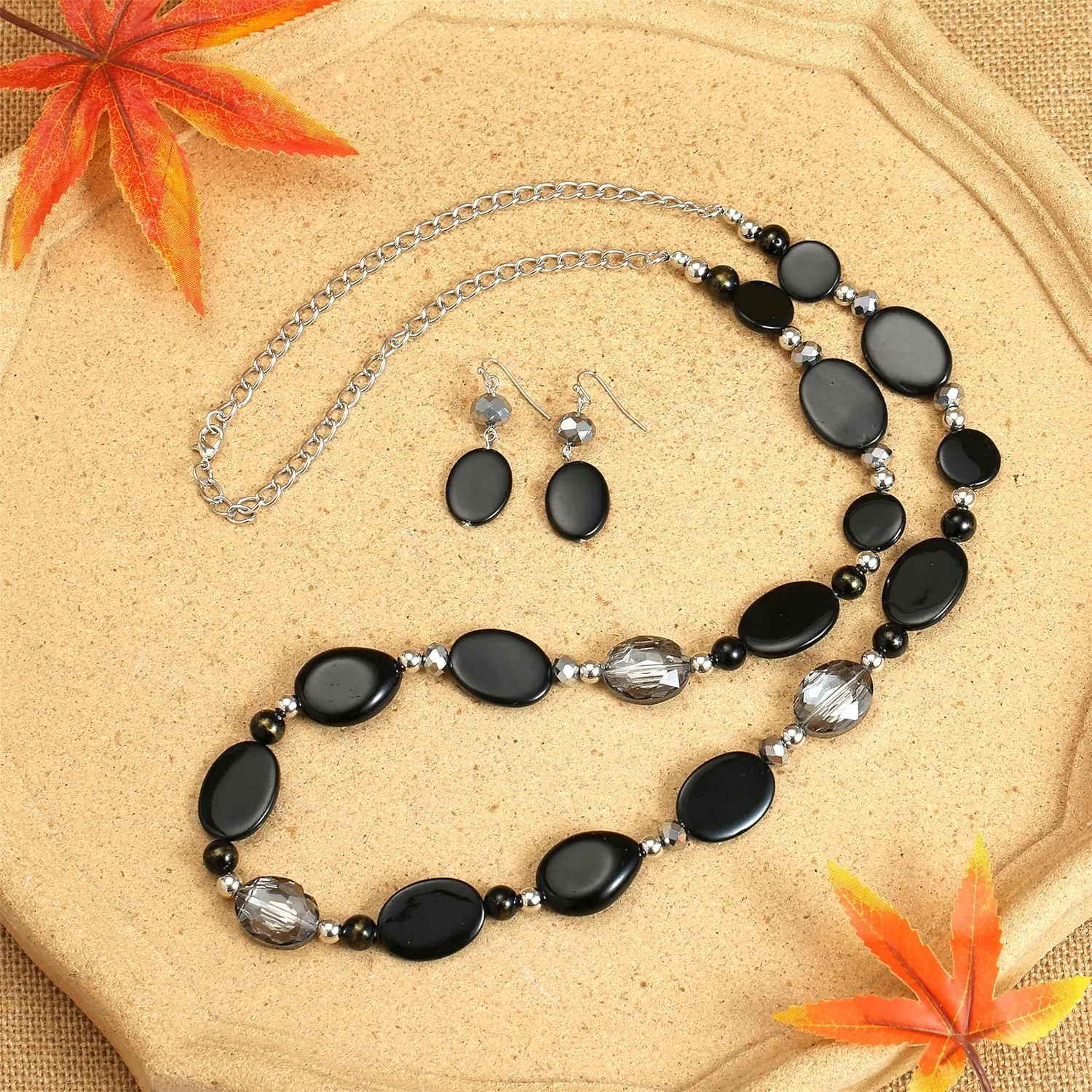 Long Beads Necklaces for Women Glass Crystal Beads Sweater Chain Statement Necklaces with Colorful Beads Fashion Jewelry Necklace and Earrings Set