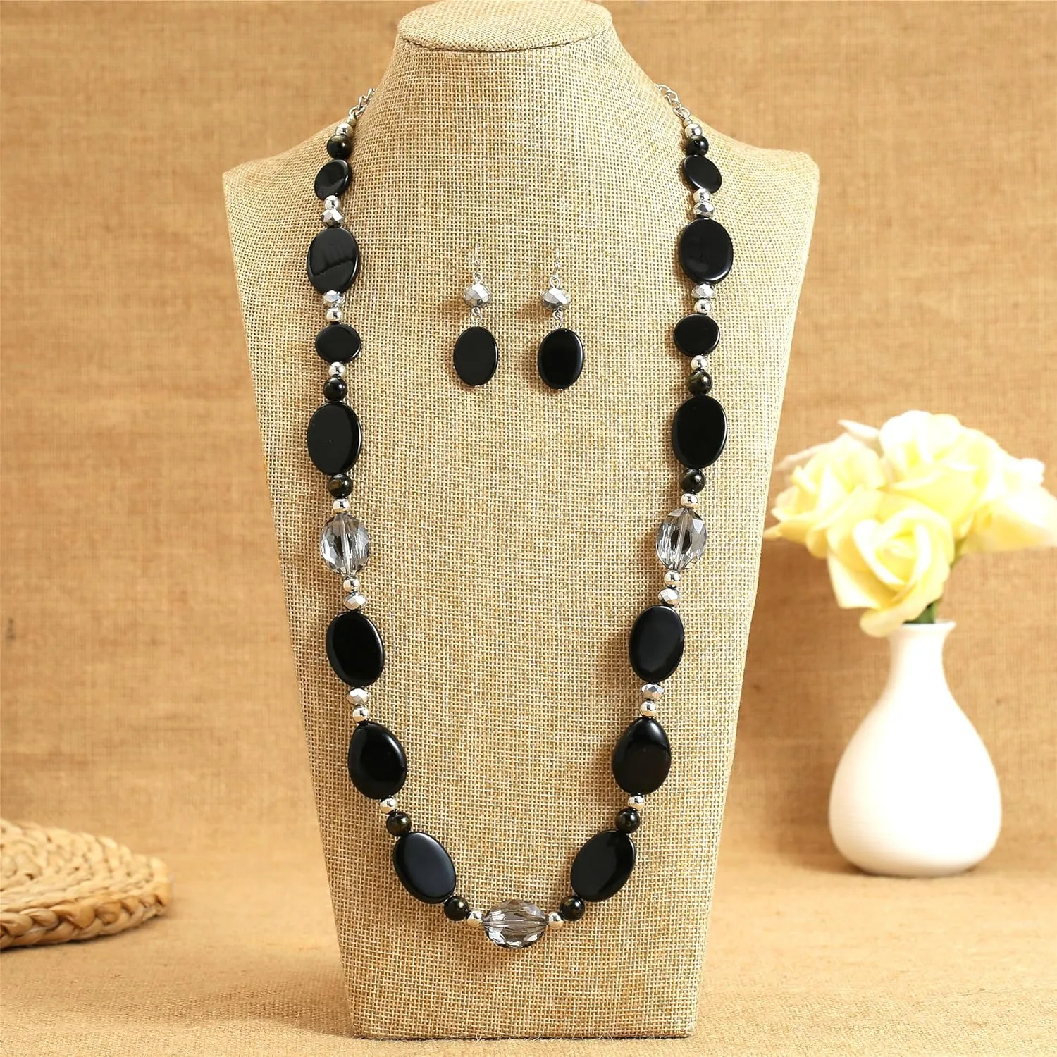 Long Beads Necklaces for Women Glass Crystal Beads Sweater Chain Statement Necklaces with Colorful Beads Fashion Jewelry Necklace and Earrings Set
