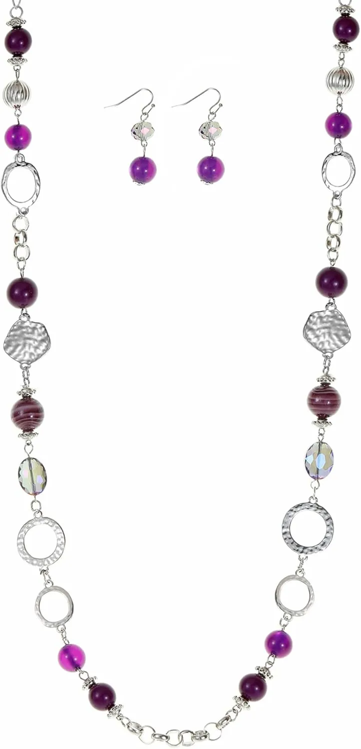Long Chain Beaded Necklaces Multi Color Beaded Silver/Gold Plated Charms Necklaces and Earrings Set for Women Sweater Costume Jewelry