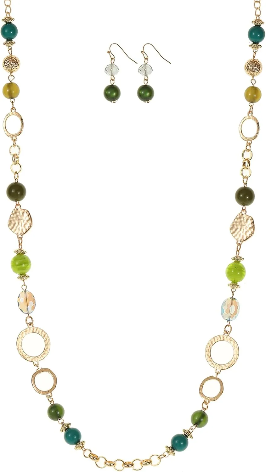 Long Chain Beaded Necklaces Multi Color Beaded Silver/Gold Plated Charms Necklaces and Earrings Set for Women Sweater Costume Jewelry