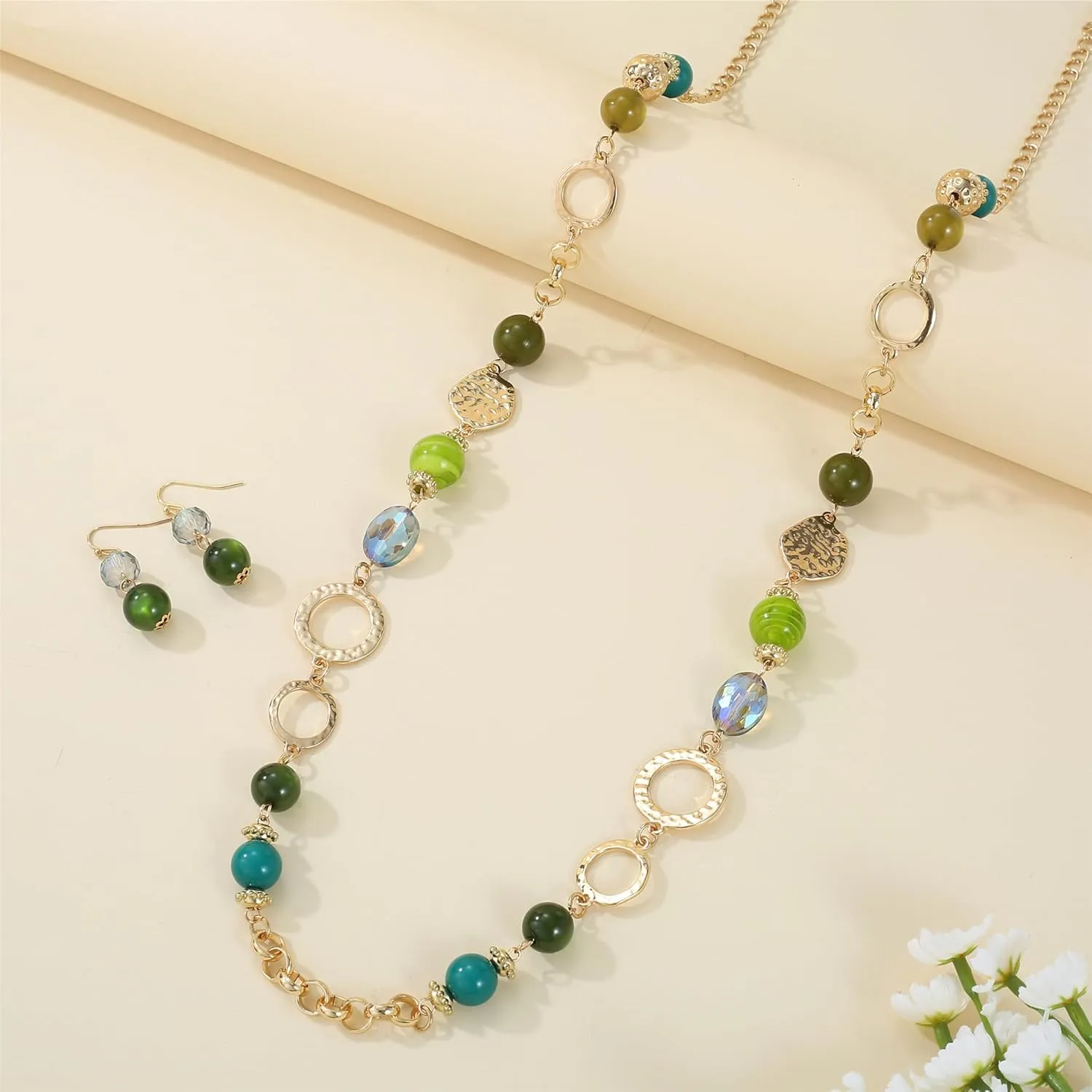 Long Chain Beaded Necklaces Multi Color Beaded Silver/Gold Plated Charms Necklaces and Earrings Set for Women Sweater Costume Jewelry