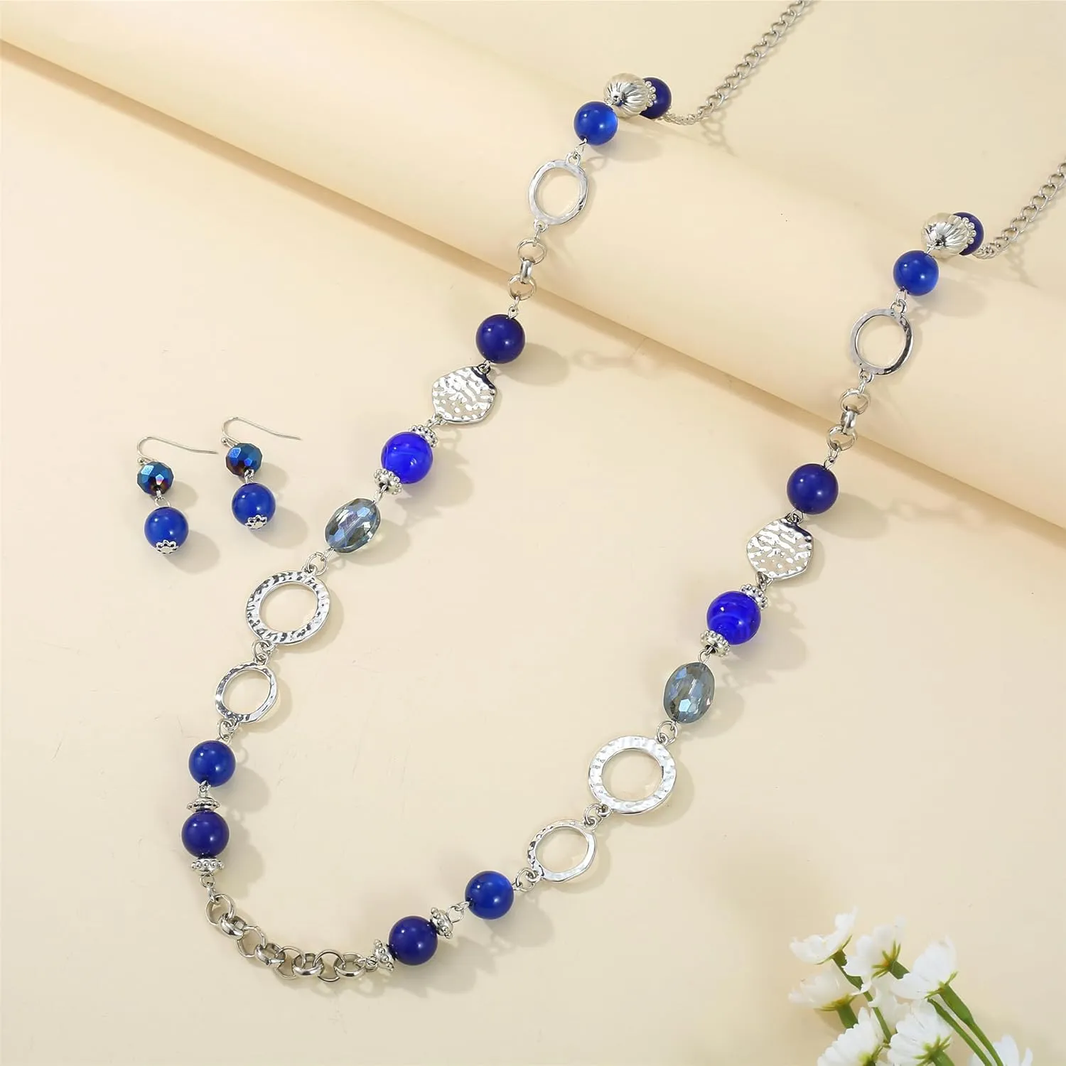 Long Chain Beaded Necklaces Multi Color Beaded Silver/Gold Plated Charms Necklaces and Earrings Set for Women Sweater Costume Jewelry