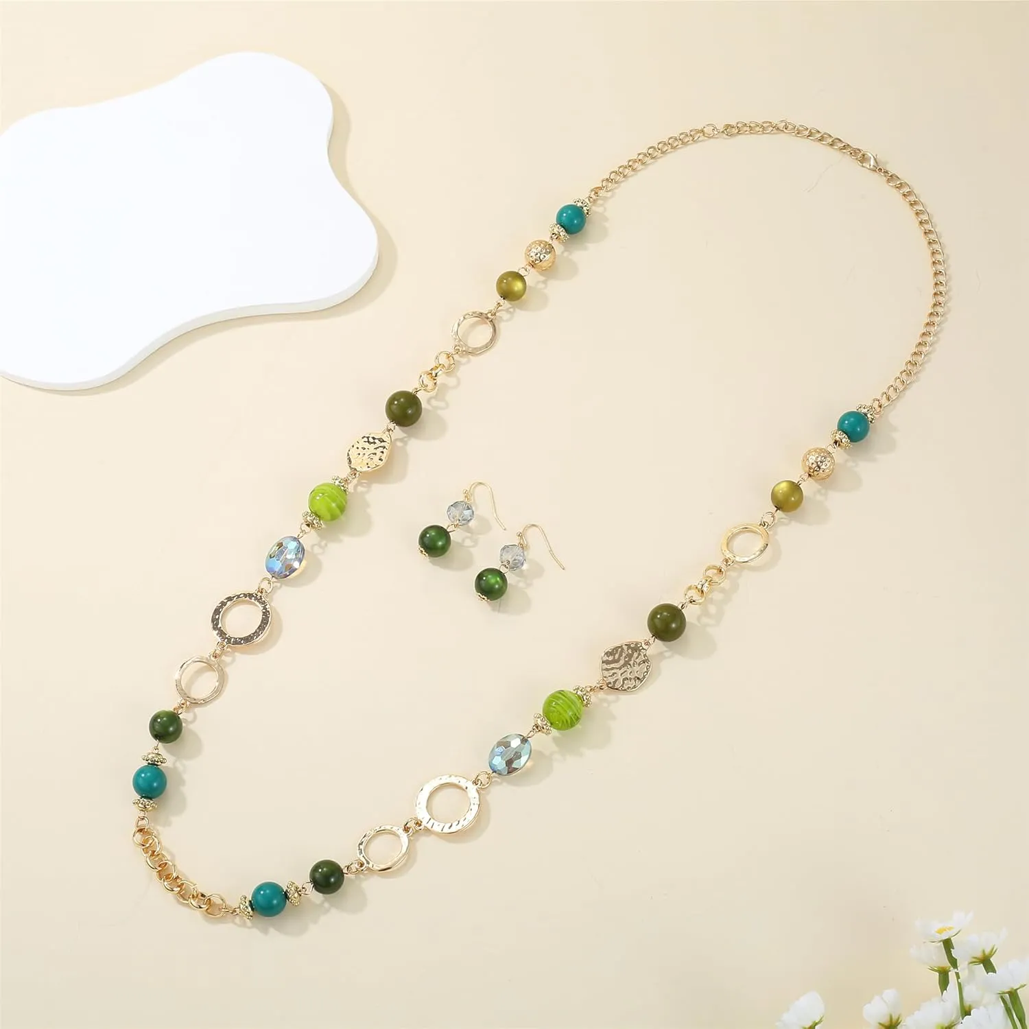 Long Chain Beaded Necklaces Multi Color Beaded Silver/Gold Plated Charms Necklaces and Earrings Set for Women Sweater Costume Jewelry