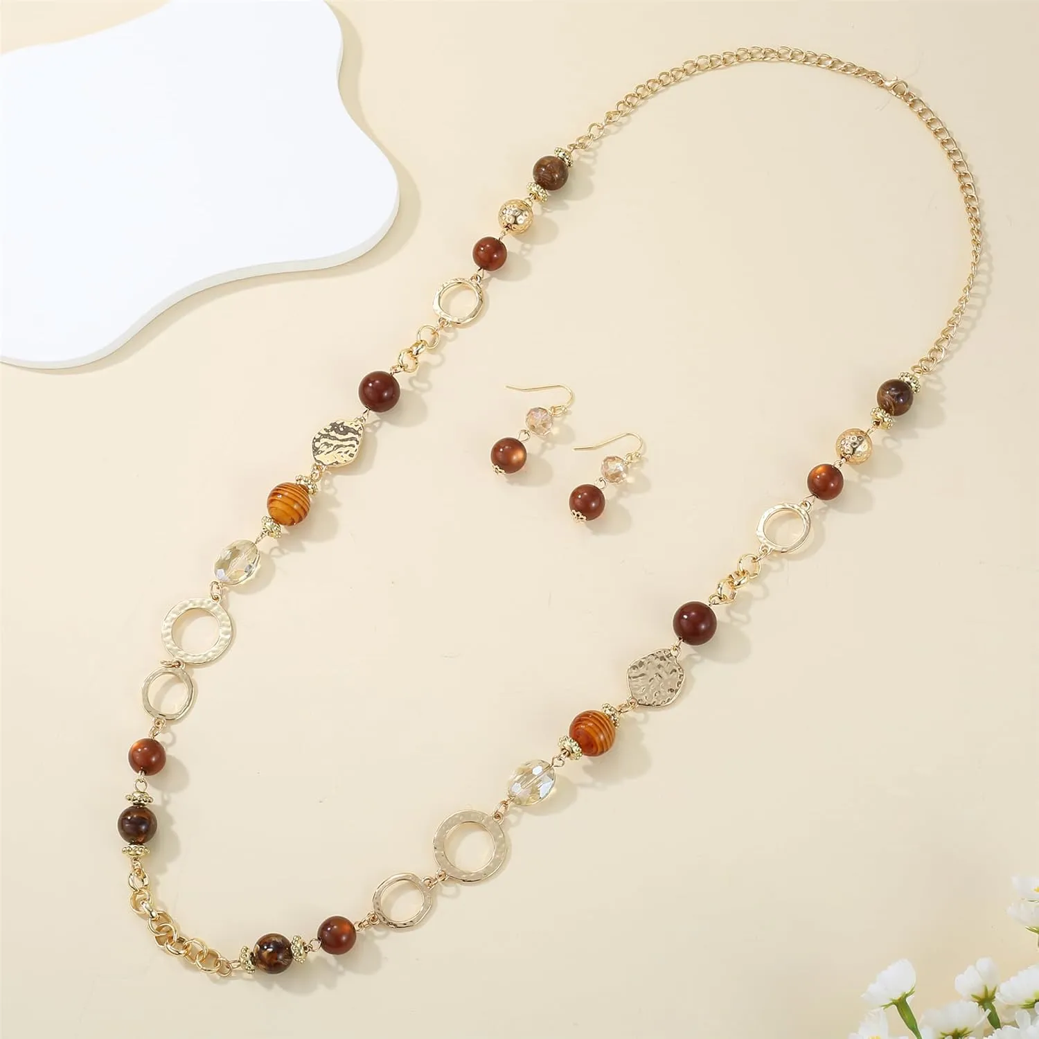 Long Chain Beaded Necklaces Multi Color Beaded Silver/Gold Plated Charms Necklaces and Earrings Set for Women Sweater Costume Jewelry