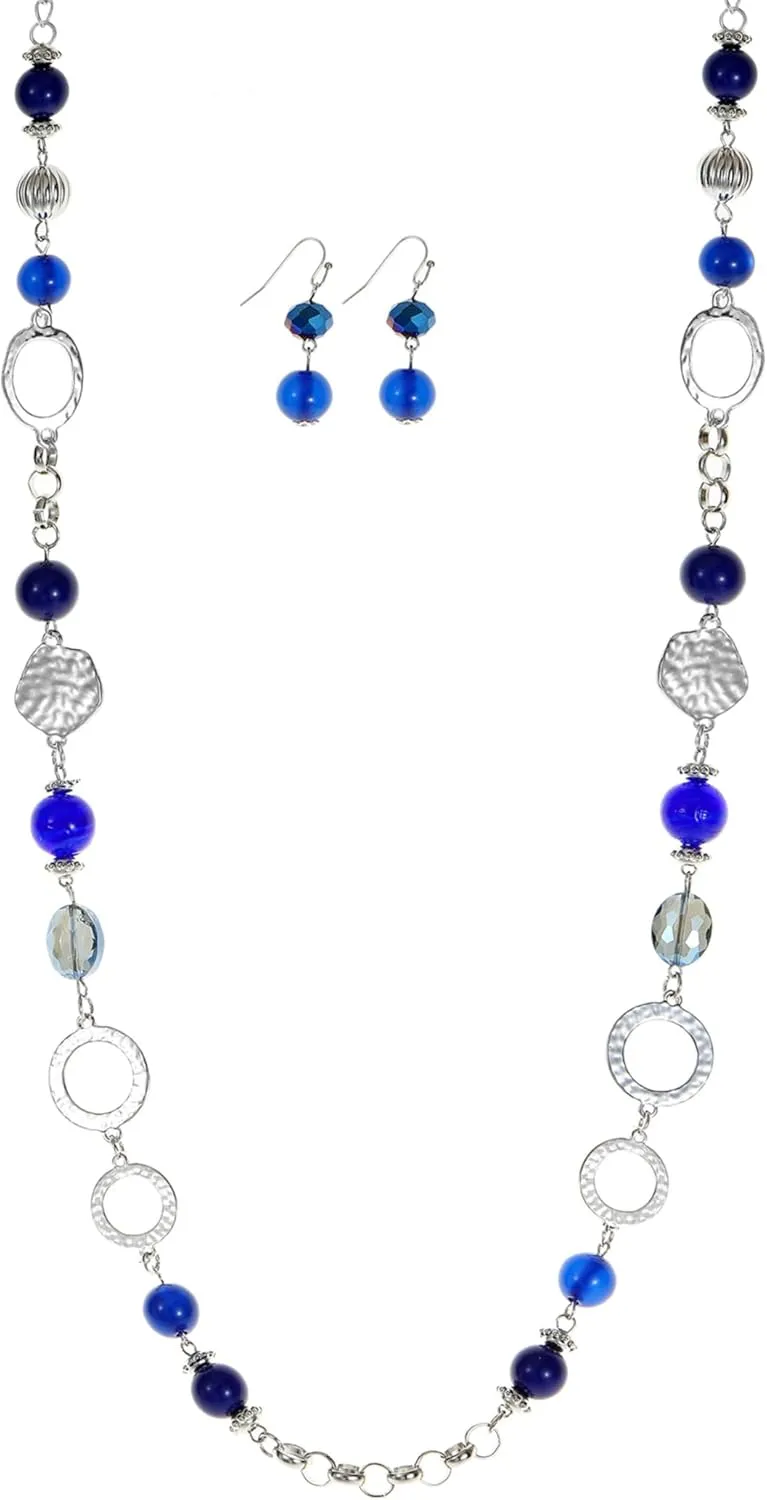 Long Chain Beaded Necklaces Multi Color Beaded Silver/Gold Plated Charms Necklaces and Earrings Set for Women Sweater Costume Jewelry