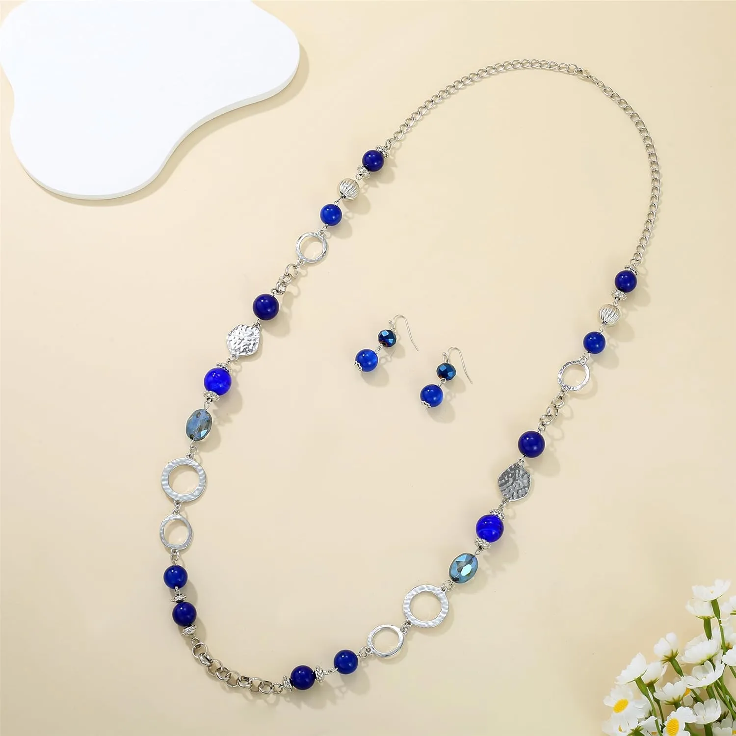 Long Chain Beaded Necklaces Multi Color Beaded Silver/Gold Plated Charms Necklaces and Earrings Set for Women Sweater Costume Jewelry