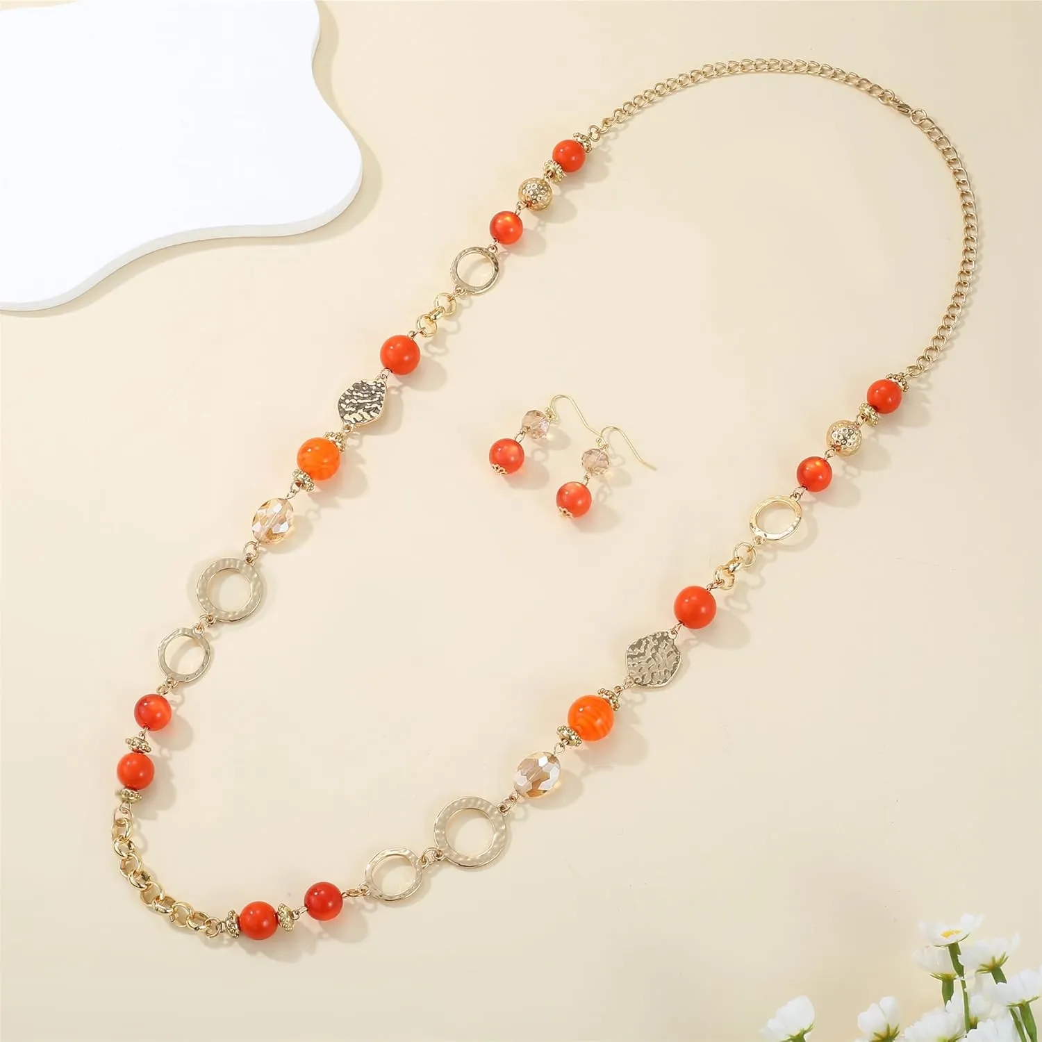 Long Chain Beaded Necklaces Multi Color Beaded Silver/Gold Plated Charms Necklaces and Earrings Set for Women Sweater Costume Jewelry