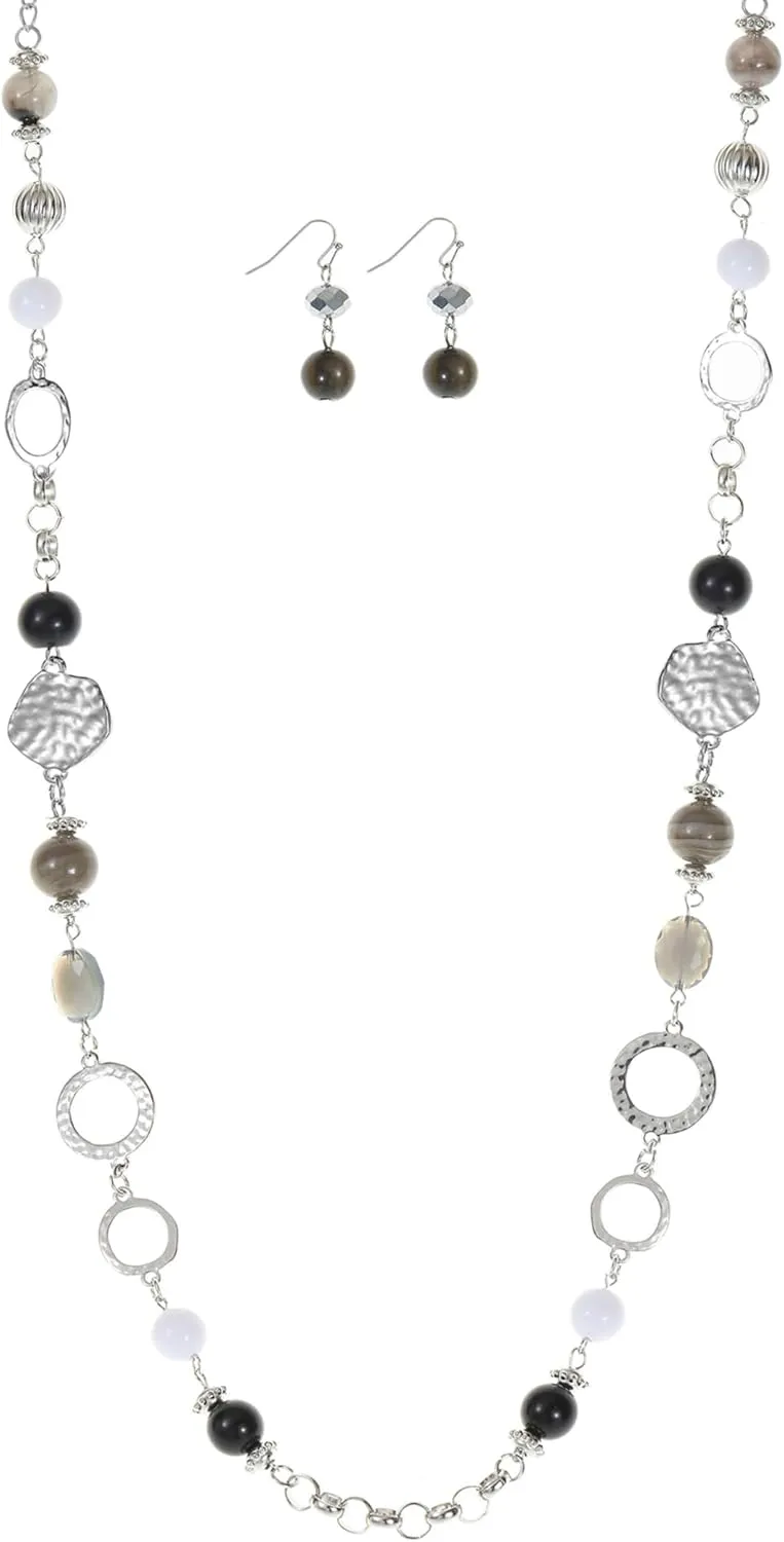 Long Chain Beaded Necklaces Multi Color Beaded Silver/Gold Plated Charms Necklaces and Earrings Set for Women Sweater Costume Jewelry