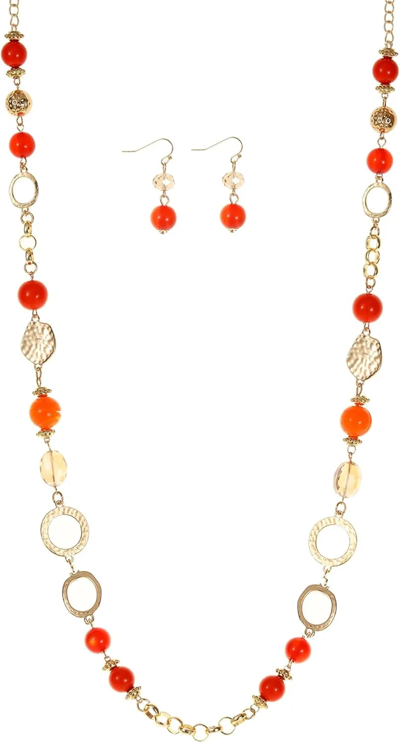 Long Chain Beaded Necklaces Multi Color Beaded Silver/Gold Plated Charms Necklaces and Earrings Set for Women Sweater Costume Jewelry