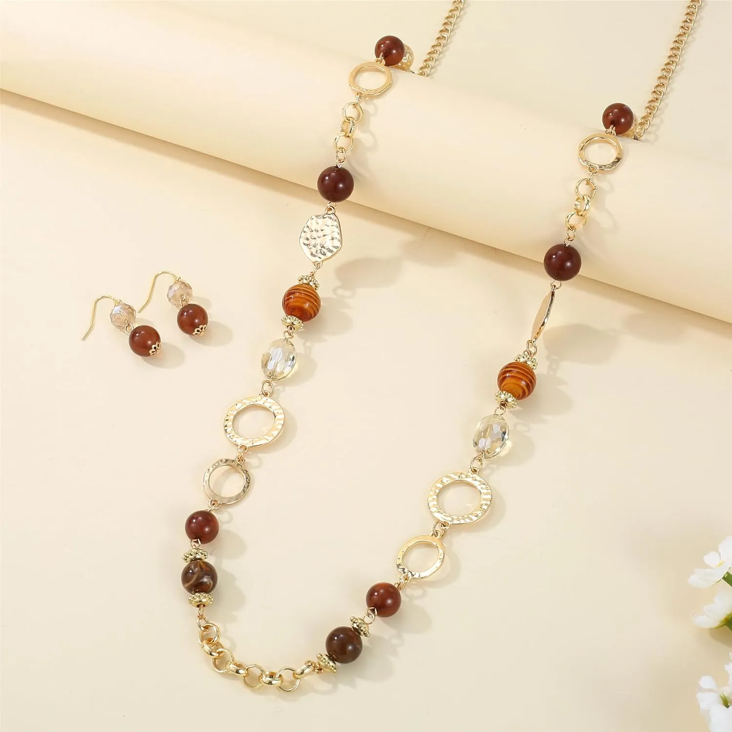 Long Chain Beaded Necklaces Multi Color Beaded Silver/Gold Plated Charms Necklaces and Earrings Set for Women Sweater Costume Jewelry