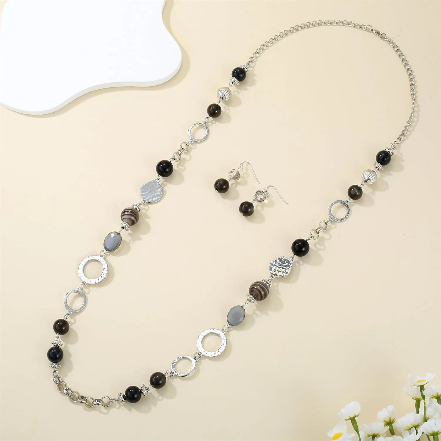 Long Chain Beaded Necklaces Multi Color Beaded Silver/Gold Plated Charms Necklaces and Earrings Set for Women Sweater Costume Jewelry