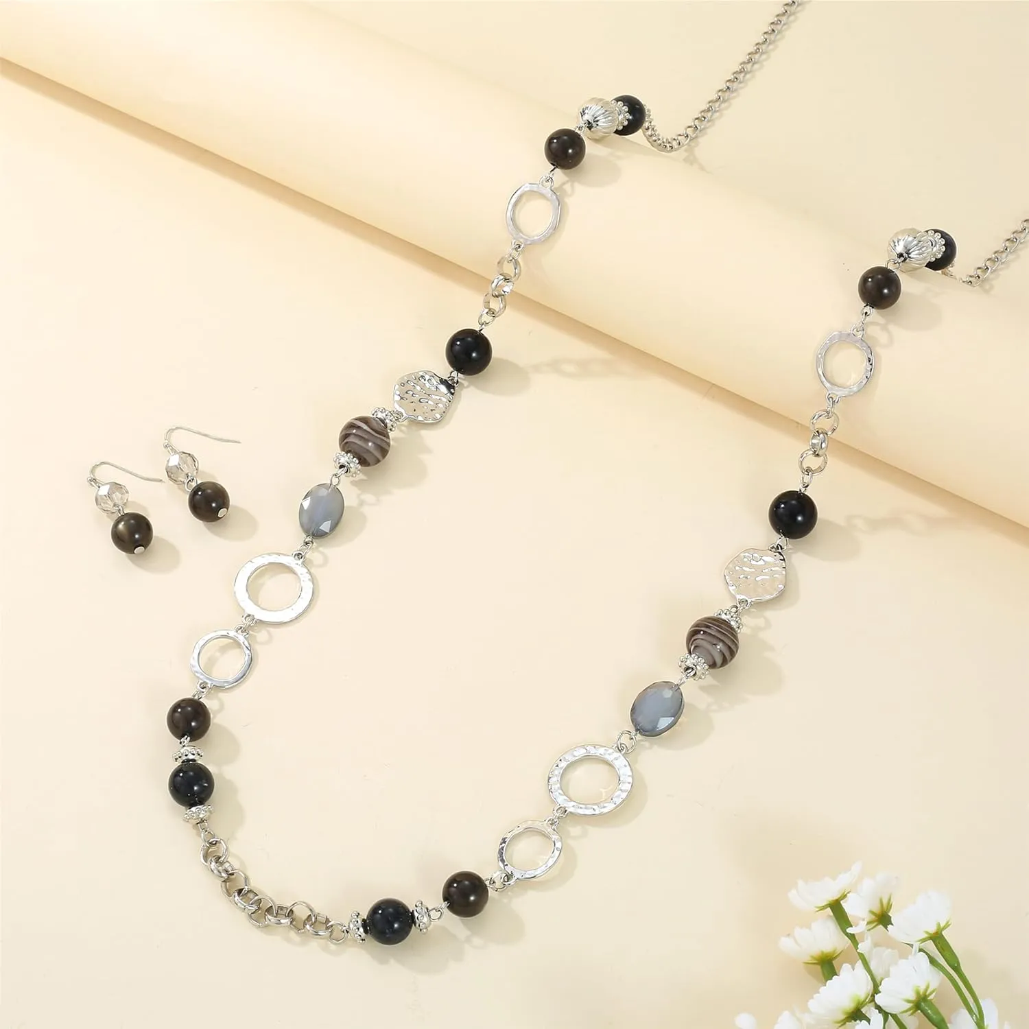 Long Chain Beaded Necklaces Multi Color Beaded Silver/Gold Plated Charms Necklaces and Earrings Set for Women Sweater Costume Jewelry