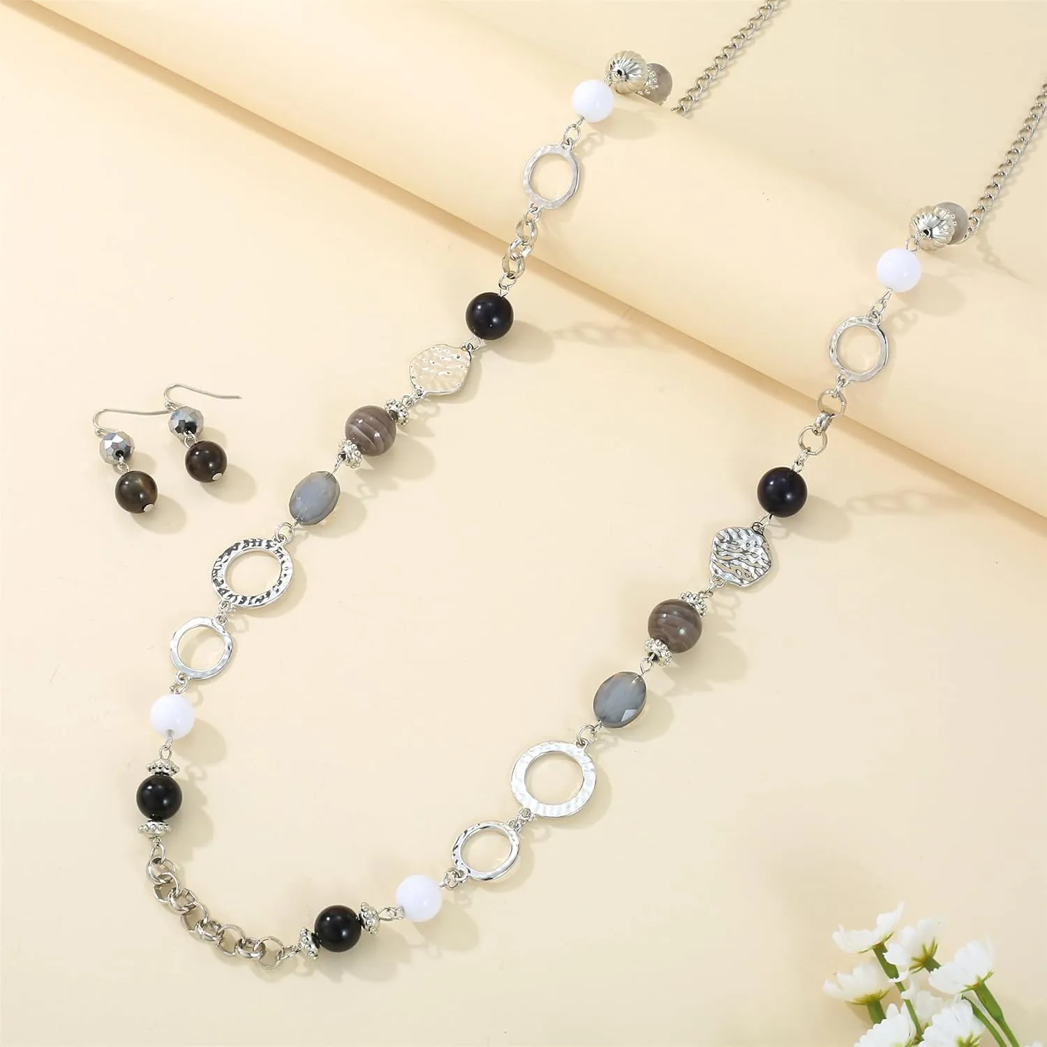 Long Chain Beaded Necklaces Multi Color Beaded Silver/Gold Plated Charms Necklaces and Earrings Set for Women Sweater Costume Jewelry