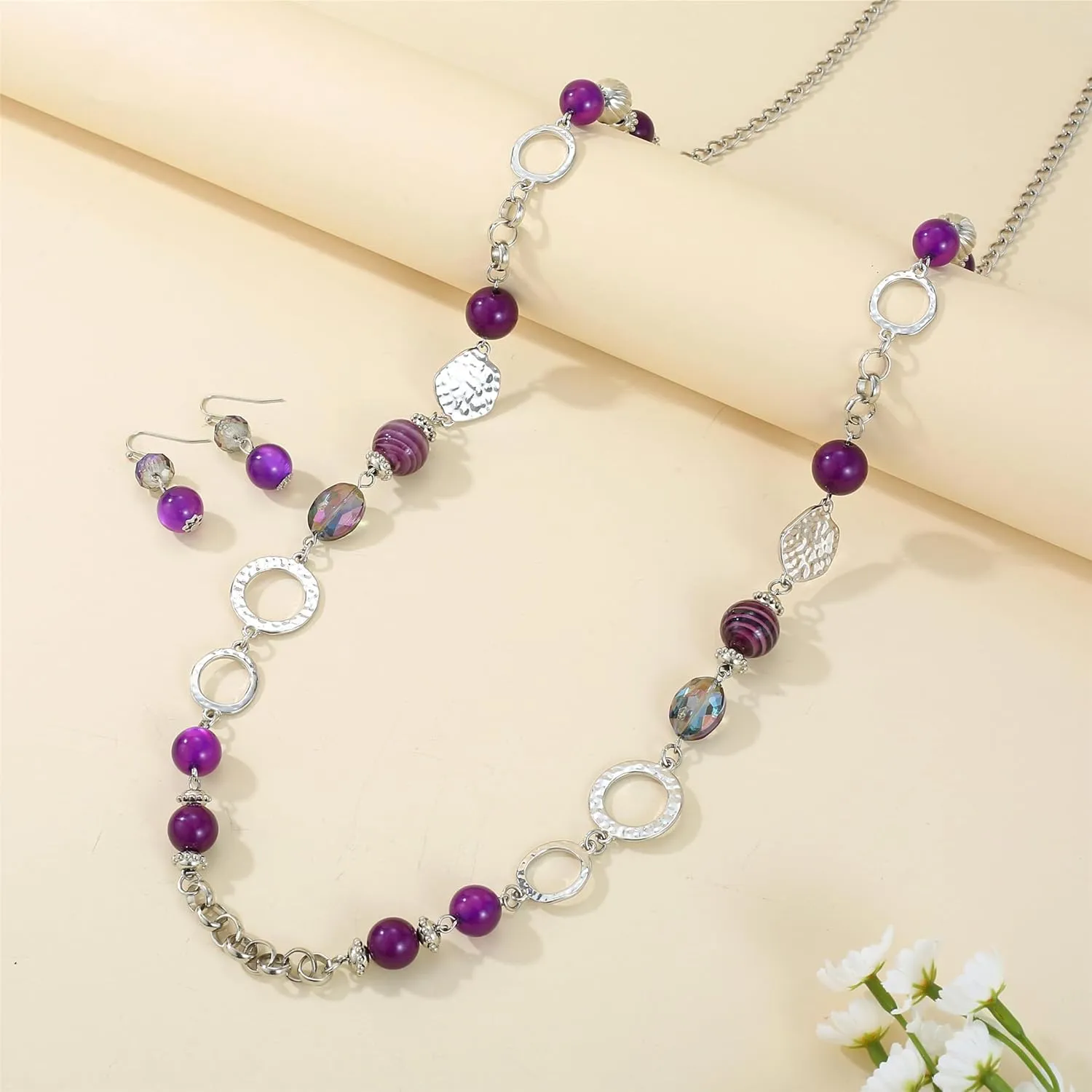 Long Chain Beaded Necklaces Multi Color Beaded Silver/Gold Plated Charms Necklaces and Earrings Set for Women Sweater Costume Jewelry