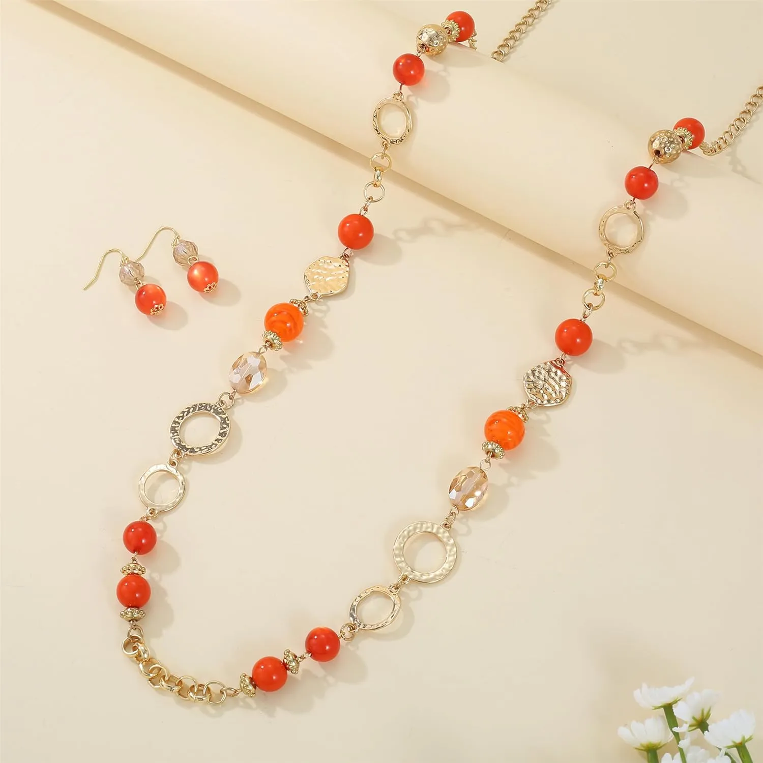 Long Chain Beaded Necklaces Multi Color Beaded Silver/Gold Plated Charms Necklaces and Earrings Set for Women Sweater Costume Jewelry