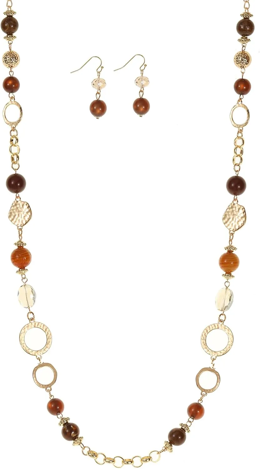 Long Chain Beaded Necklaces Multi Color Beaded Silver/Gold Plated Charms Necklaces and Earrings Set for Women Sweater Costume Jewelry