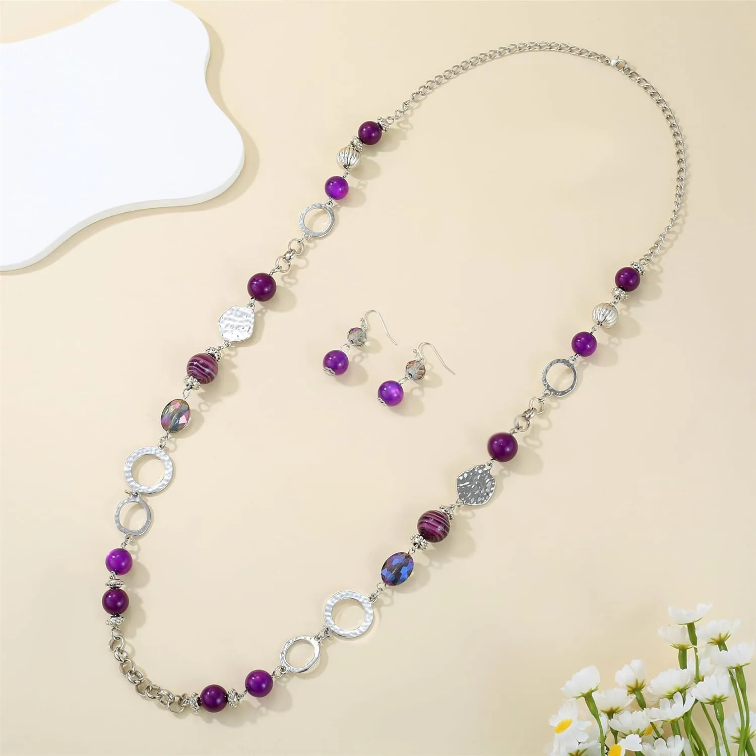 Long Chain Beaded Necklaces Multi Color Beaded Silver/Gold Plated Charms Necklaces and Earrings Set for Women Sweater Costume Jewelry