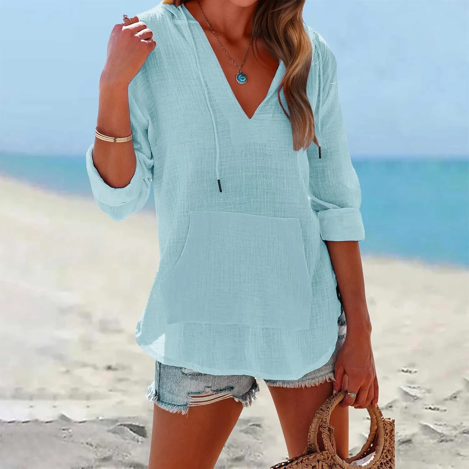 Long Sleeve Shirts for Women Casual V Neck Linen T Shirts Lightweight Pullover Tops Hoodie Sweatshirts Beach Cover Ups