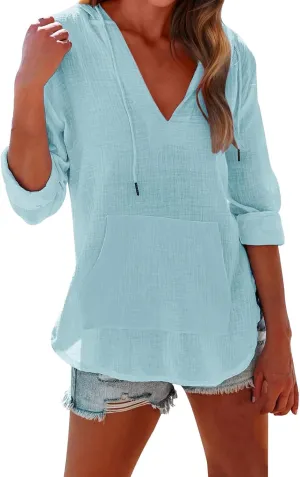 Long Sleeve Shirts for Women Casual V Neck Linen T Shirts Lightweight Pullover Tops Hoodie Sweatshirts Beach Cover Ups