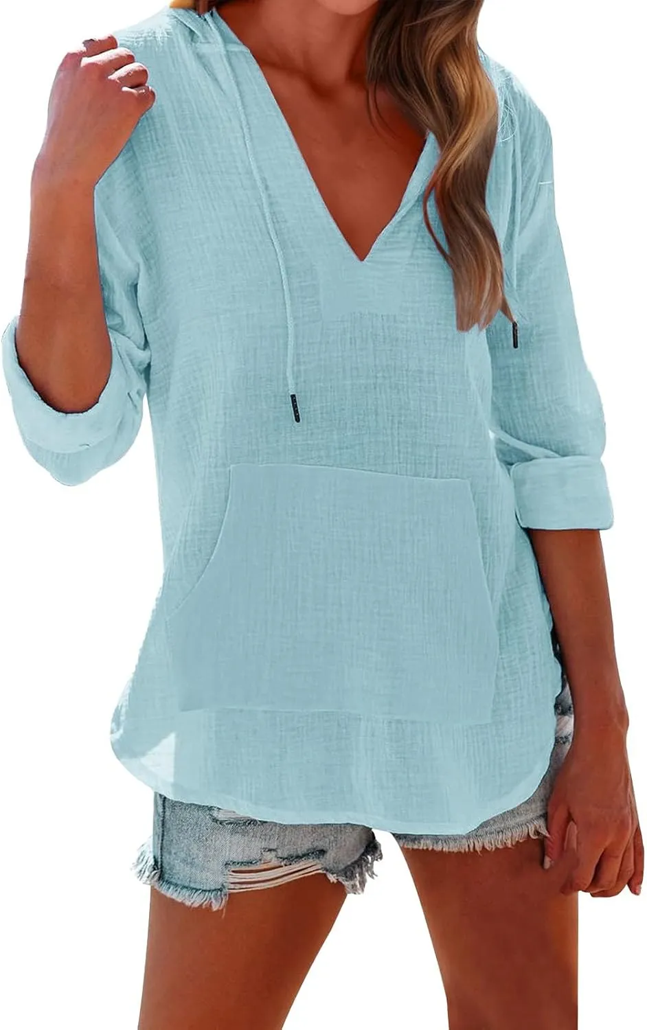 Long Sleeve Shirts for Women Casual V Neck Linen T Shirts Lightweight Pullover Tops Hoodie Sweatshirts Beach Cover Ups