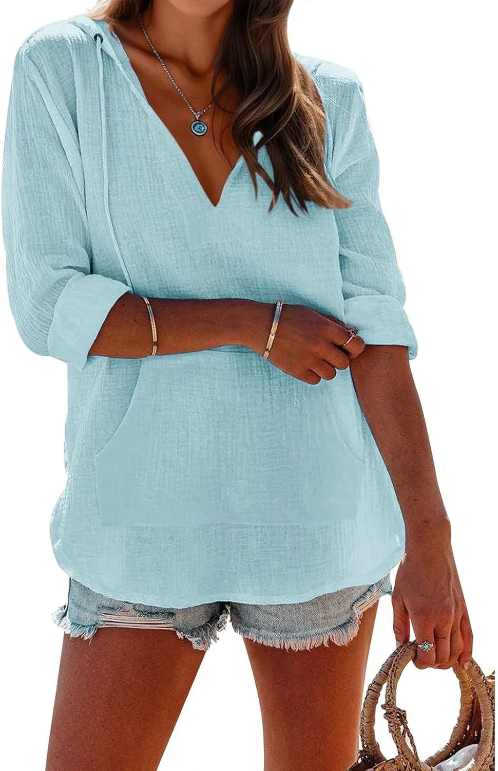 Long Sleeve Shirts for Women Casual V Neck Linen T Shirts Lightweight Pullover Tops Hoodie Sweatshirts Beach Cover Ups