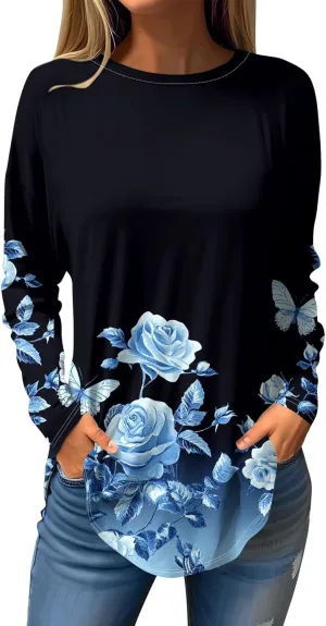 Long Sleeve Shirts for Women Crewneck Basic Tunics Tops Casual Comfy Printed Blouse Fashion Spring 2025