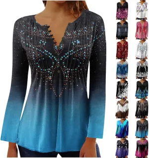 Long Sleeve Shirts for Women Fall Fashion 2024 Boho Floral Print Tunic Tops Button V Neck Tshirt Casual Loose Blouses