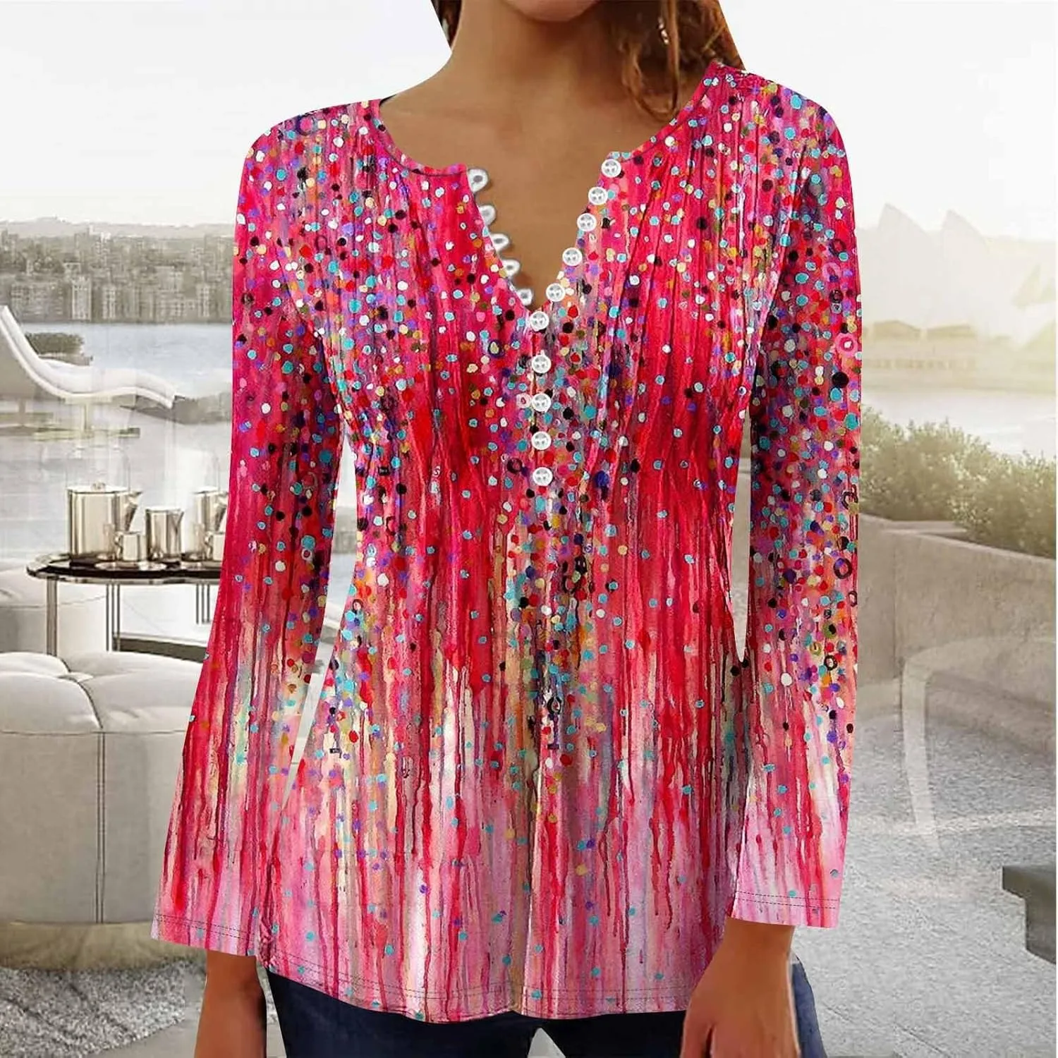 Long Sleeve Shirts for Women Fall Fashion 2024 Boho Floral Print Tunic Tops Button V Neck Tshirt Casual Loose Blouses