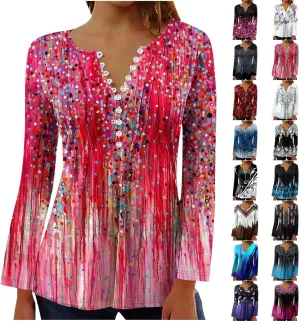 Long Sleeve Shirts for Women Fall Fashion 2024 Boho Floral Print Tunic Tops Button V Neck Tshirt Casual Loose Blouses