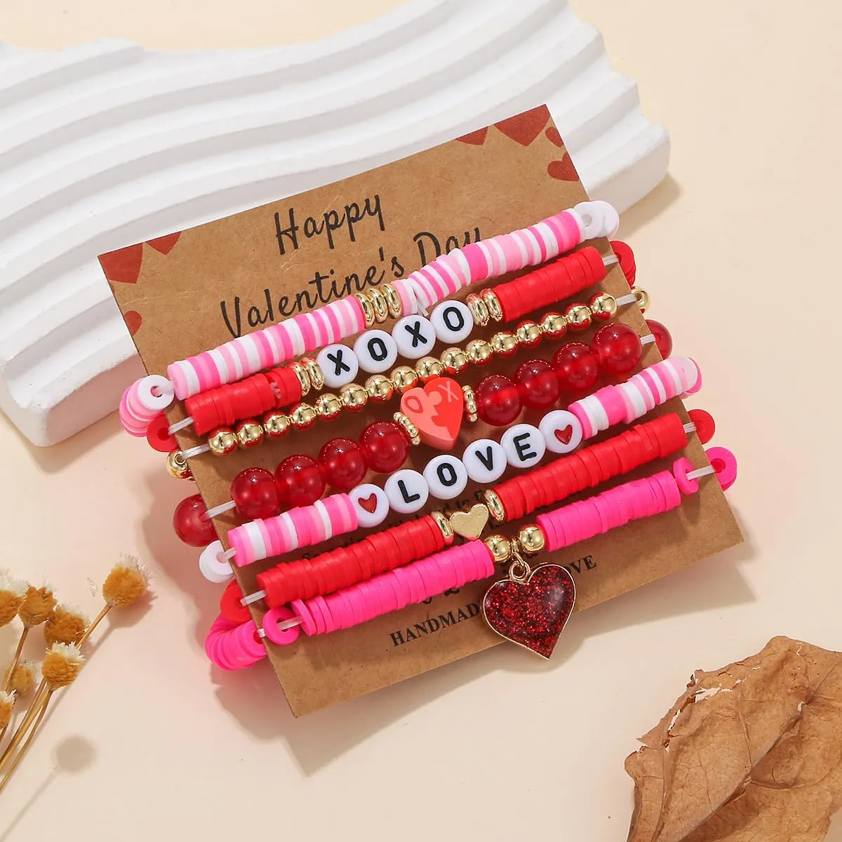 Love Bracelets for Women Heishi Surfer Pink Clay Bead Bracelet Set Love Heart Boho Cute Pink Red Stackable Stretch Jewelry Mother's Day Birthday Mom Mama Gifts