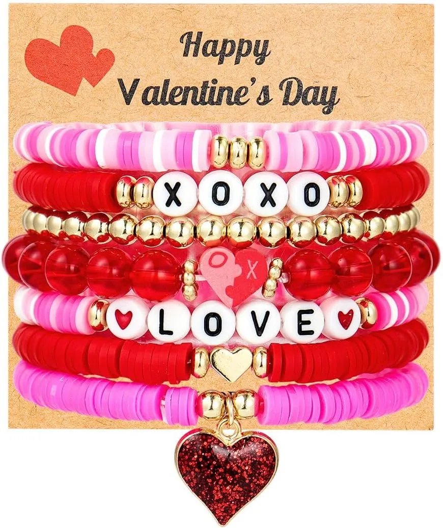 Love Bracelets for Women Heishi Surfer Pink Clay Bead Bracelet Set Love Heart Boho Cute Pink Red Stackable Stretch Jewelry Mother's Day Birthday Mom Mama Gifts