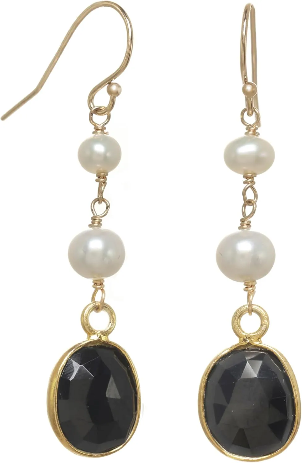 LTC Designs 14k Gold-filled Fishhook Earrings with Black Onyx Bezels and Genuine Real Cultured (7.5-8mm) White Potato Pearl Drops for Men, Women, Bridesmaids