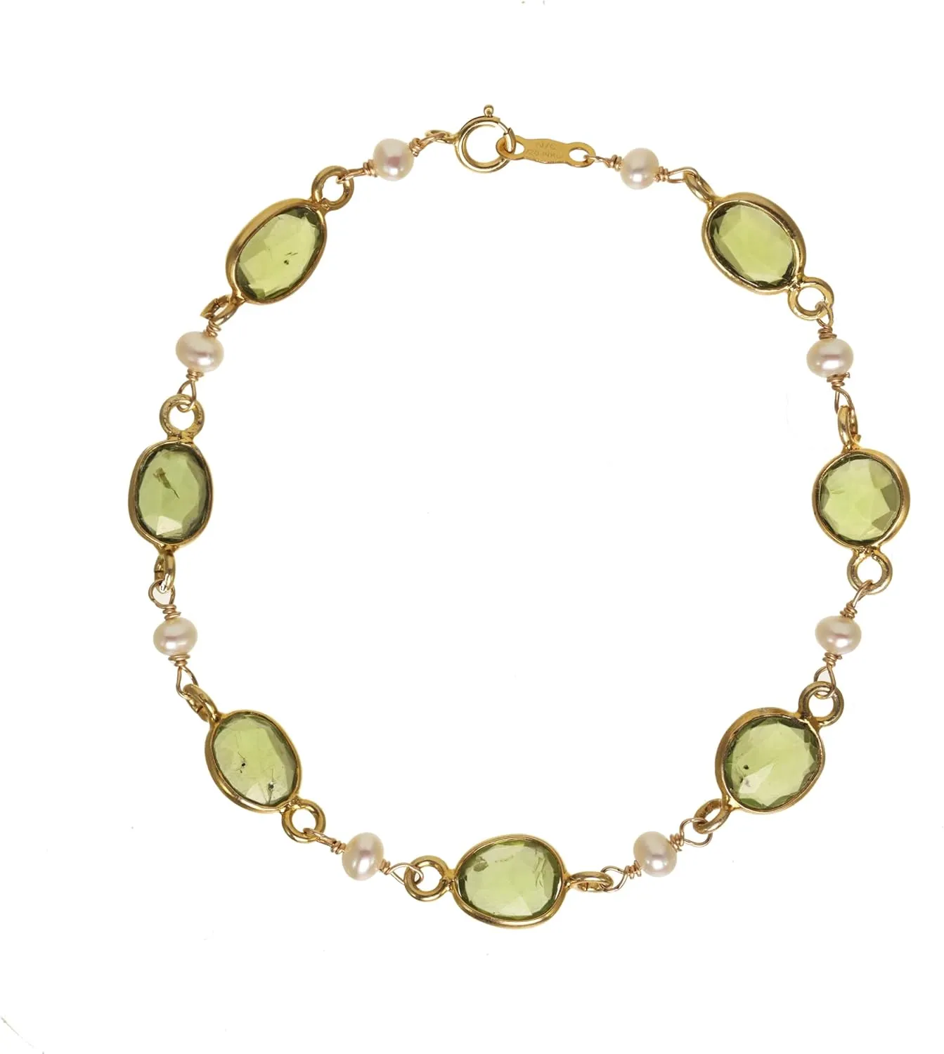 LTC Designs 14k Gold-plated Sterling Silver Bezel Set Peridot Bracelet with White Cultured Freshwater (3.5-4mm) Potato Pearl Accents, 7.5" for Women and Men, August Birthstone Jewelry