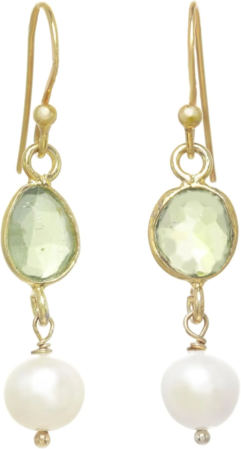 LTC Designs14k Gold-filled Fishhook Earrings with Peridot Bezels and Genuine Real Cultured (7.5-8mm) White Potato Pearl Drops for Men, Women, Bridesmaids