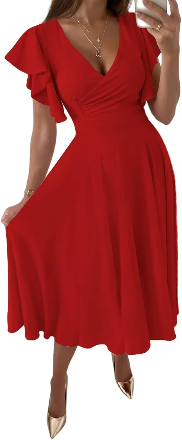 LYANER Women's Warp V Neck Ruffle Short Sleeve A Line Swing Flared Cocktail Party Midi Dress