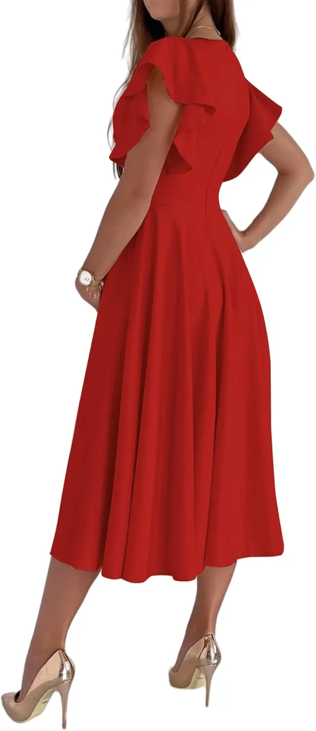 LYANER Women's Warp V Neck Ruffle Short Sleeve A Line Swing Flared Cocktail Party Midi Dress