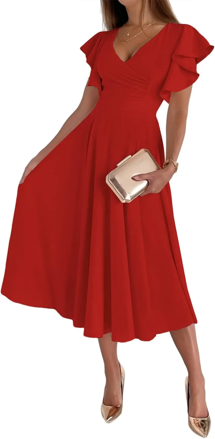 LYANER Women's Warp V Neck Ruffle Short Sleeve A Line Swing Flared Cocktail Party Midi Dress