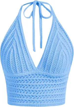 MakeMeChic Women's Crochet Tie Back Cropped Camisole Slim Fit Sleeveless Boho Shirts Knitted Halter Top